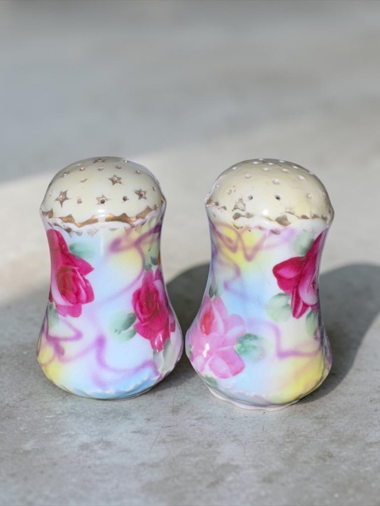 Other - Vintage Porcelain Salt Pepper Shakers Hand Painted Roses Gold Gilt Cork Pair